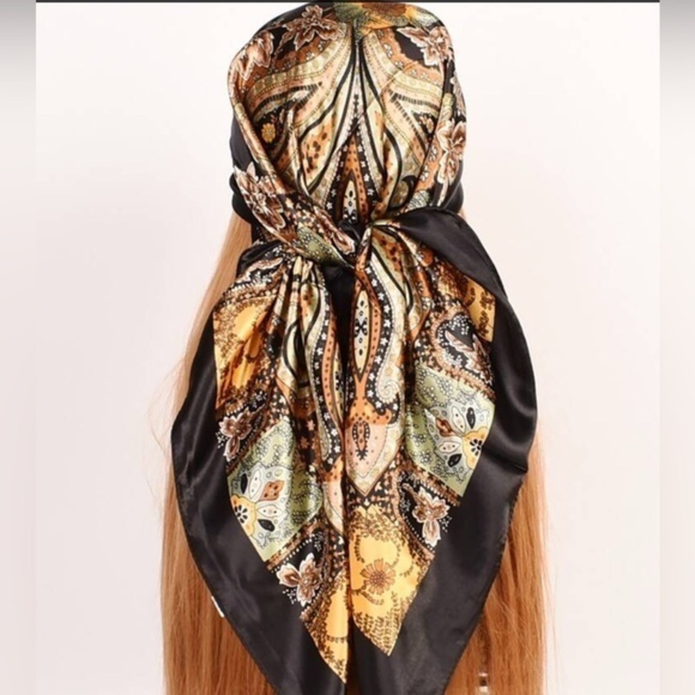 ✨NEW Boho Elegant Black and Gold Paisley head wrap silk like Scarf